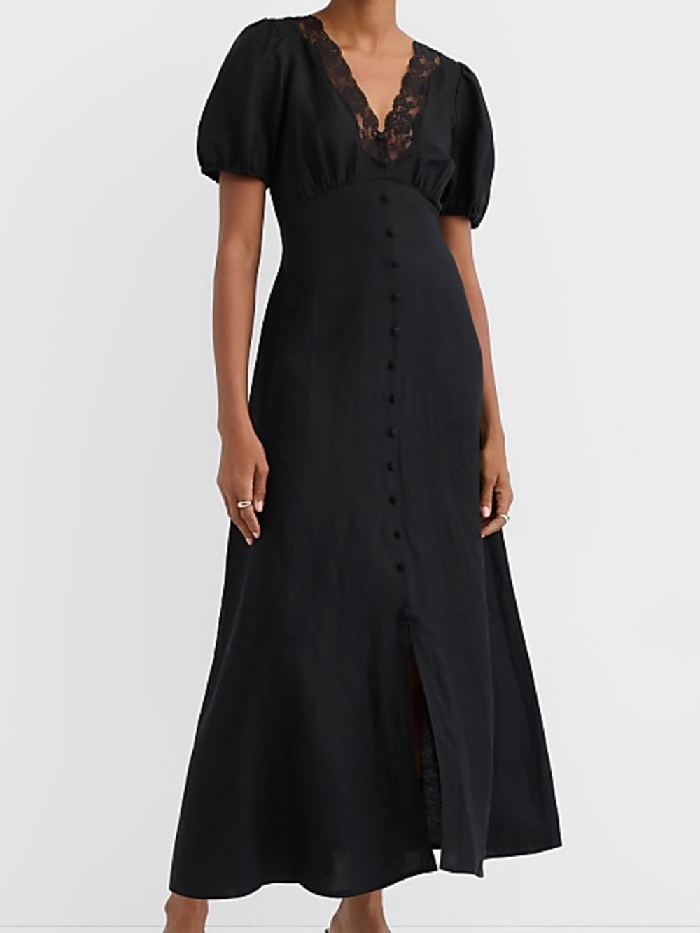 NWT! LOFT Lace Trim Linen Blend Midi Dress in Black Size 2 Petite 🪝